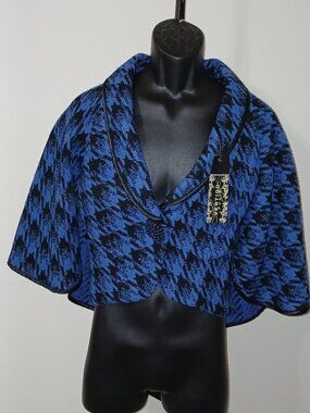 Vertigo Paris Houndstooth Cropped Cape Jacket Faux leather trim – Blue & Black